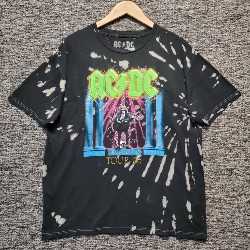 AC/DC Who Made Who Tour 86 T Shirt Mens XL Bleach Tie Dye Custom Black Acid Wash